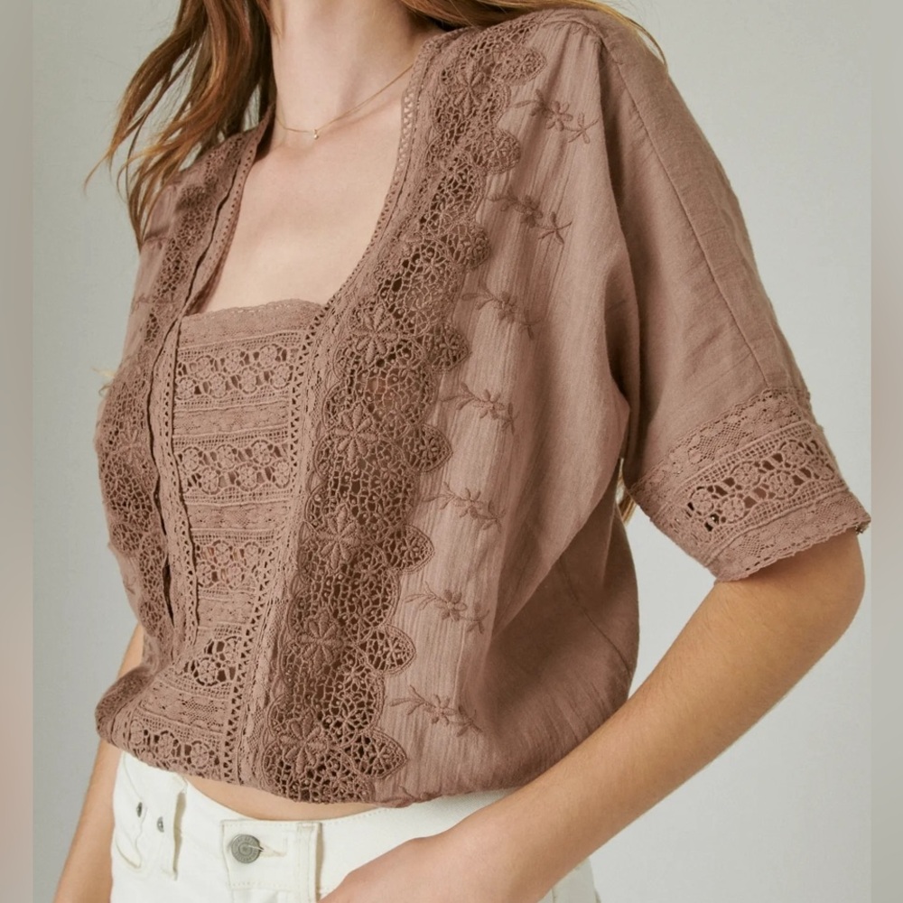 Lucky Brand Brown Crochet Detail Blouse
